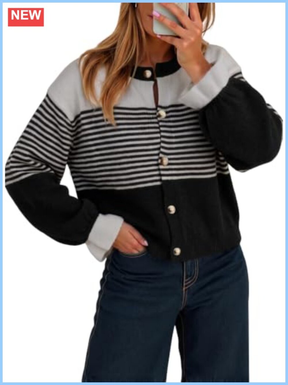 Cropped Balloon Sleeve Cardigan Sweater for Women Button Front Knit